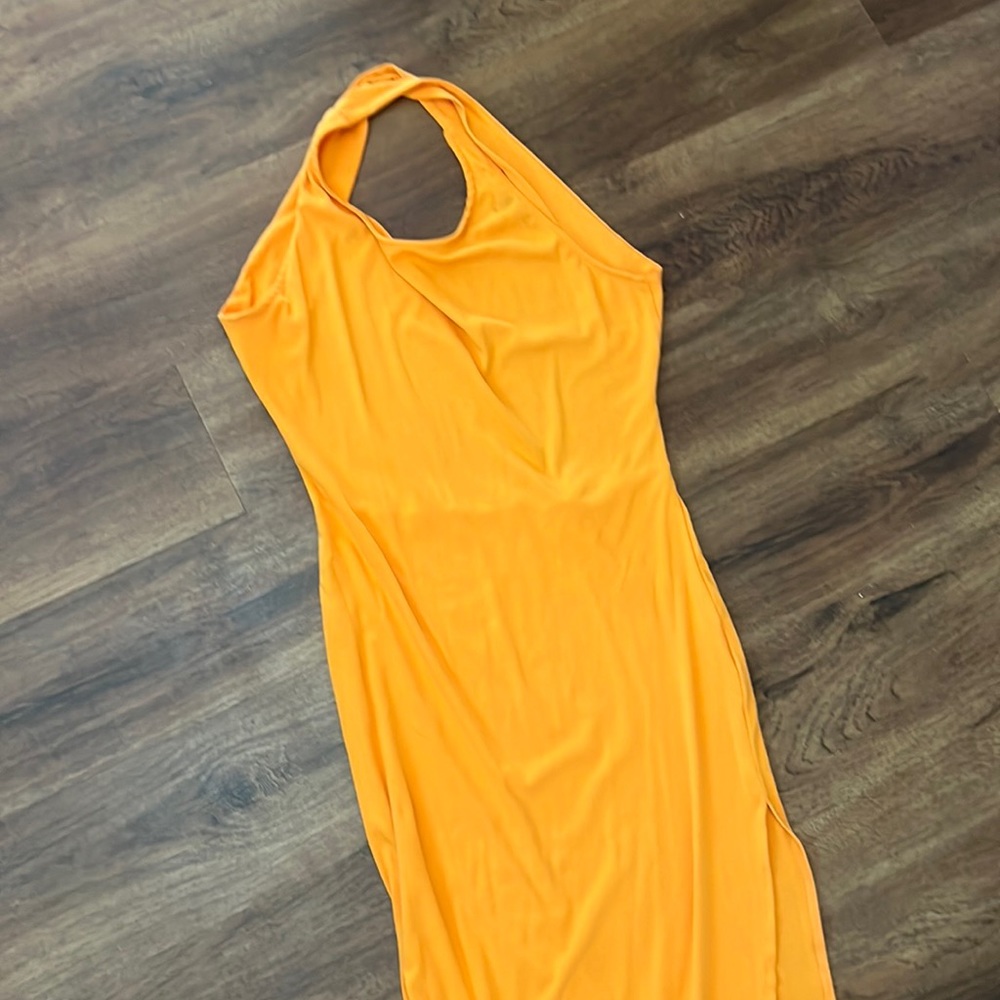 Halter Backless orange midi dress with split side - Medium